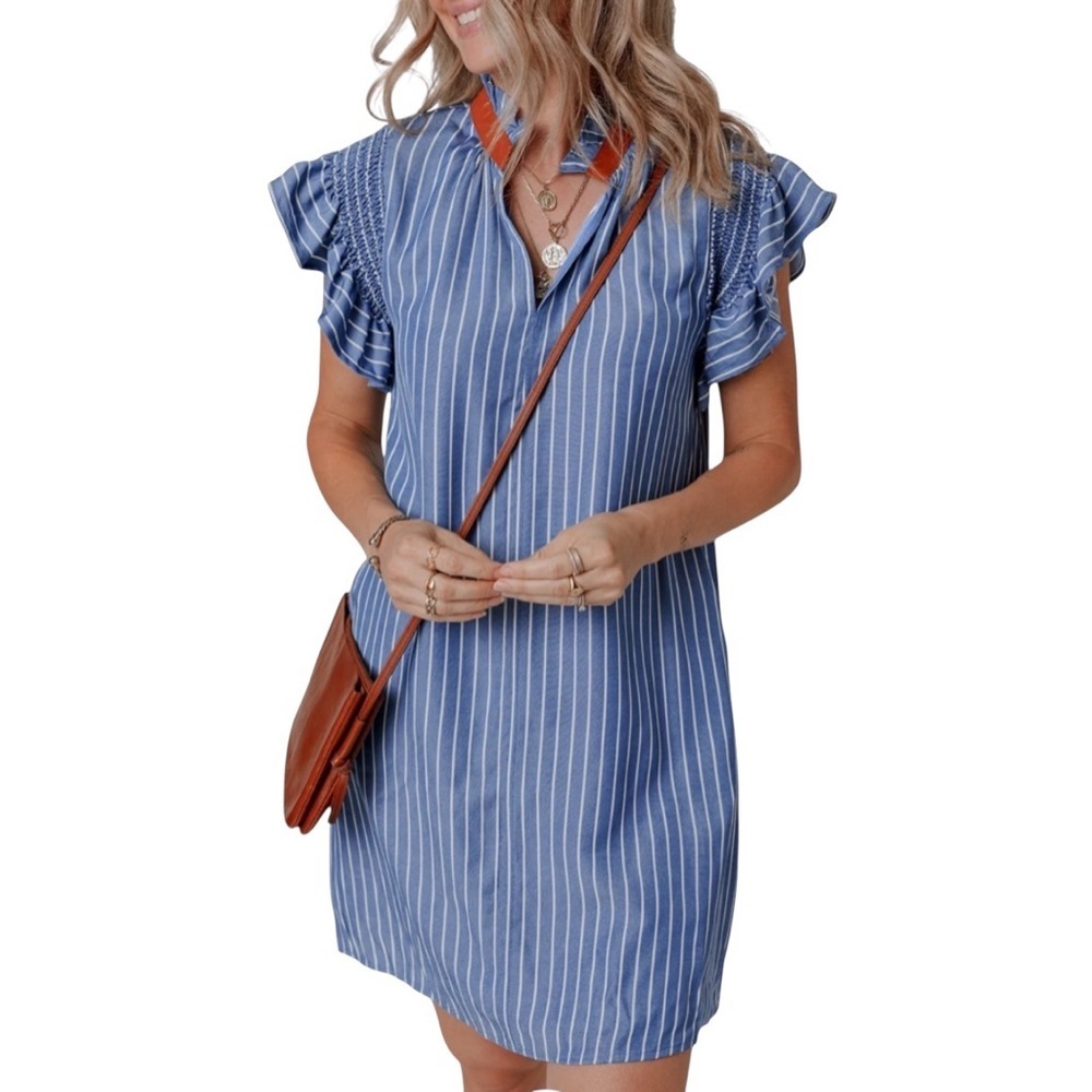 THML Blue and White Striped Midi Dress with Ruffle Sleeves